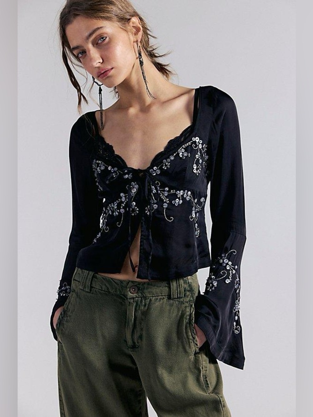 NWOT Free People Valerie Silver Sequin Beaded Bell Sleeve Top Sz XS